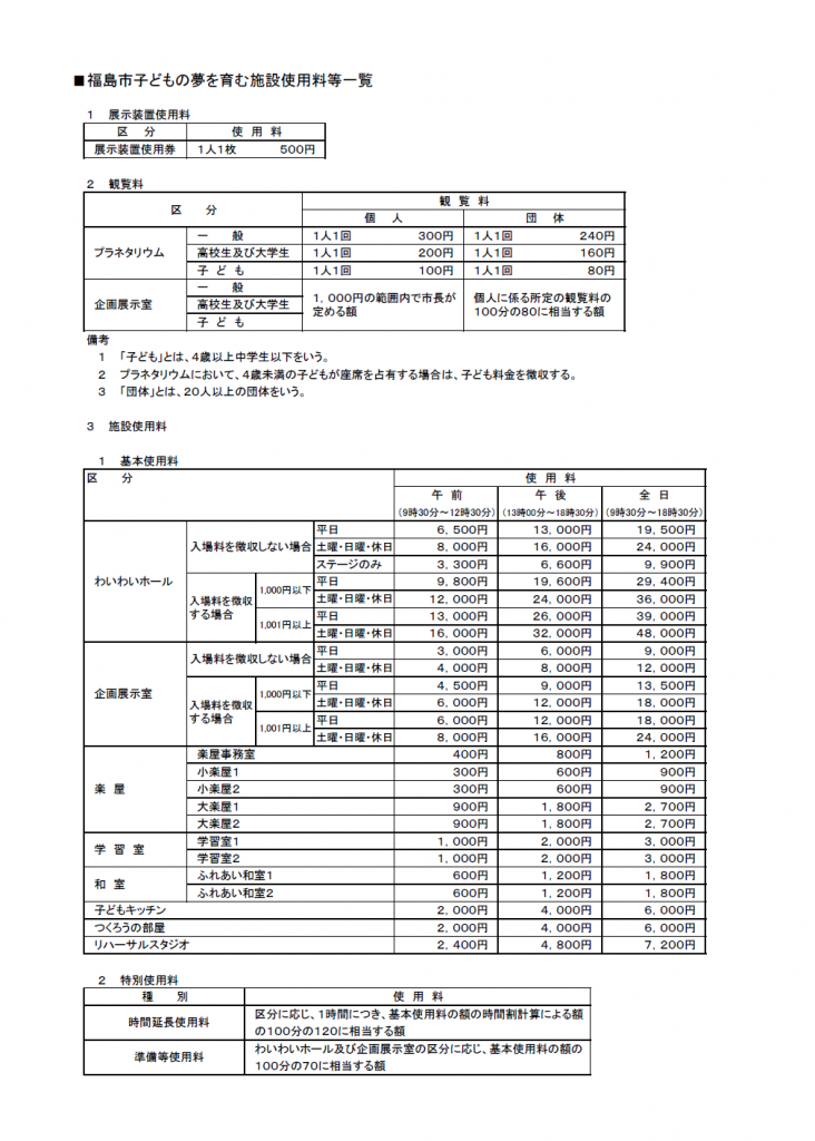 施設使用料金表1